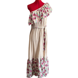 Cotton Linen Blend Floral One Shoulder Dress in Cream and Pink